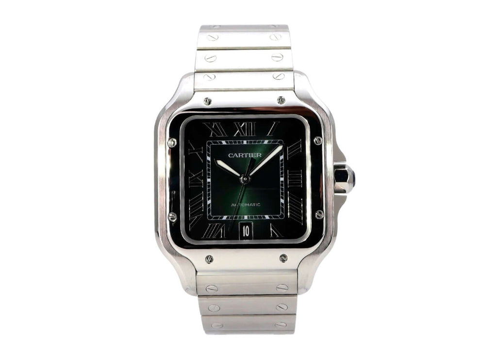 Cartier Santos de Cartier großes Modell WSSA0062 mit grünem Zifferblatt und Edelstahlband, Automatikwerk.