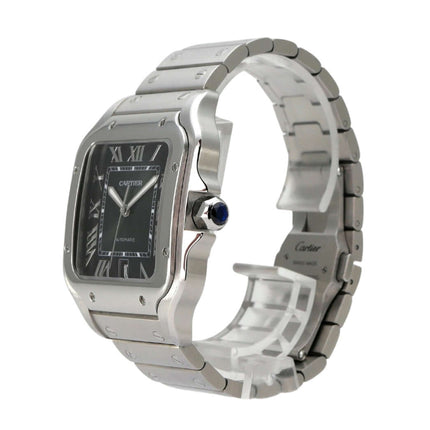 Cartier Santos de Cartier großes Modell WSSA0062 mit schwarzem Zifferblatt und Edelstahlarmband.