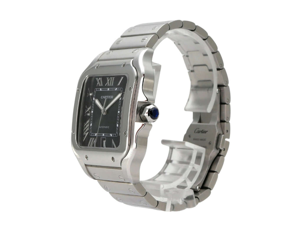 Cartier Santos de Cartier großes Modell WSSA0062 mit schwarzem Zifferblatt und Edelstahlarmband.