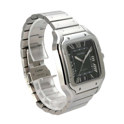 Cartier Santos de Cartier großes Modell WSSA0062 Edelstahl-Uhr mit grünem Zifferblatt und satiniertem Edelstahlband.
