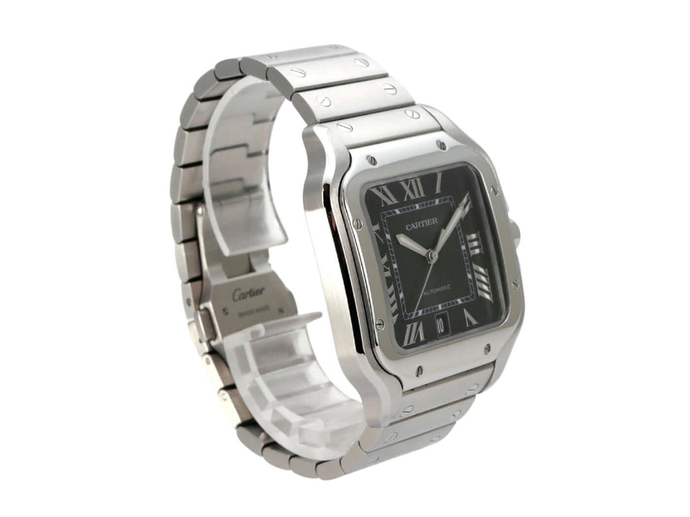 Cartier Santos de Cartier großes Modell WSSA0062 Edelstahl-Uhr mit grünem Zifferblatt und satiniertem Edelstahlband.