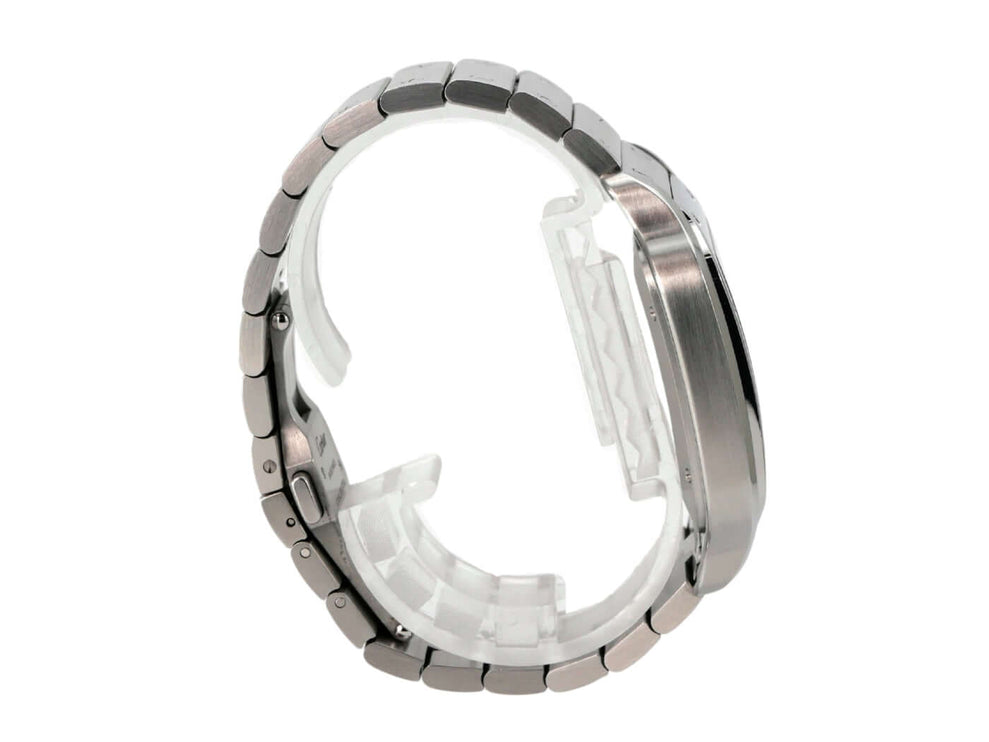 Seitenansicht des Cartier Santos de Cartier großes Modell WSSA0062 mit Edelstahlband und poliertem Gehäuse.