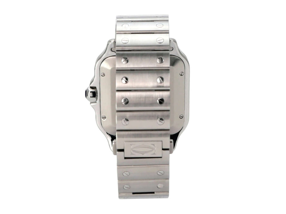 Cartier Santos de Cartier großes Modell WSSA0062 aus Edelstahl mit Doppelfaltschließe und satiniertem Armband.