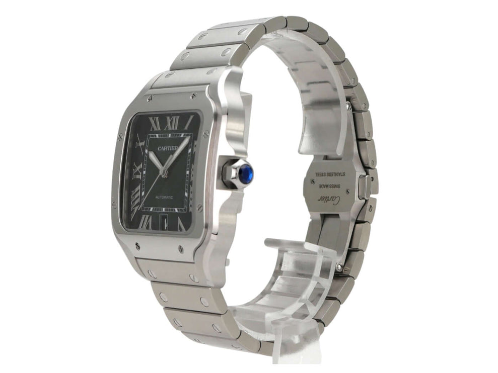 Cartier Santos de Cartier großes Modell WSSA0062 mit grünem Zifferblatt und Edelstahlarmband