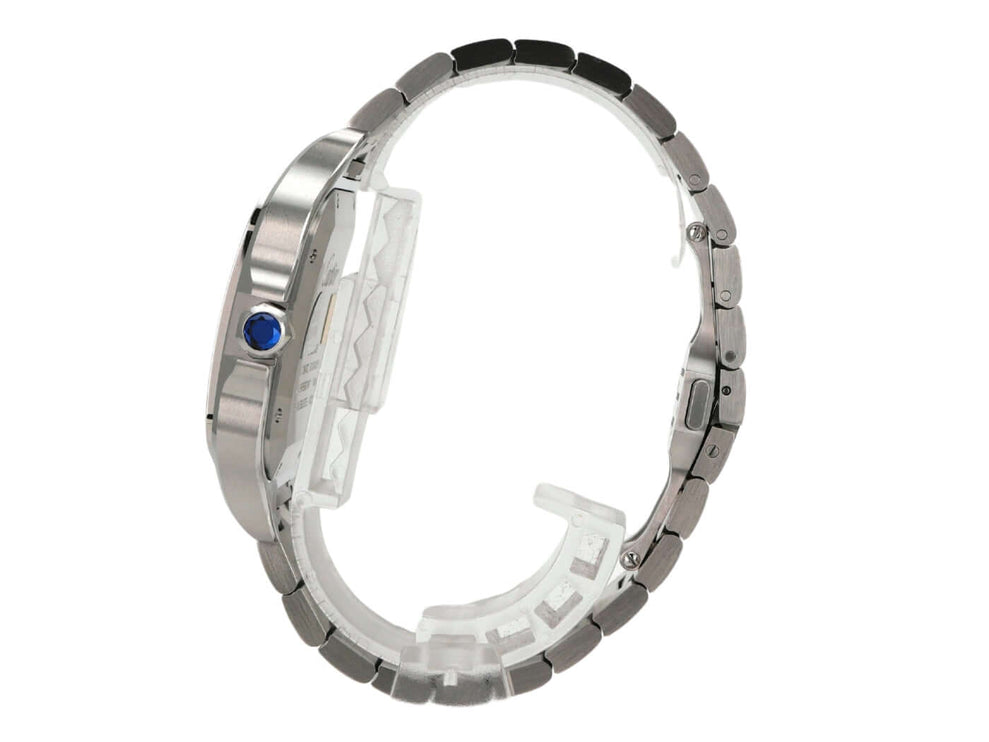 Cartier Santos de Cartier großes Modell WSSA0062 Edelstahlgehäuse mit Doppelfaltschließe und blauer Krone.