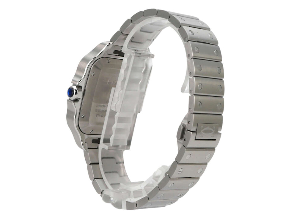 Cartier Santos de Cartier Dual Time WSSA0076 seitliche Ansicht der Edelstahl-Uhr mit blauem Steg.