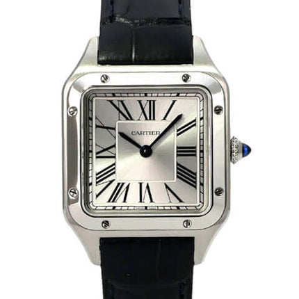 Cartier Santos-Dumont kleines Modell WSSA0086 mit Edelstahlgehäuse und blauem Alligatorleders strap.
