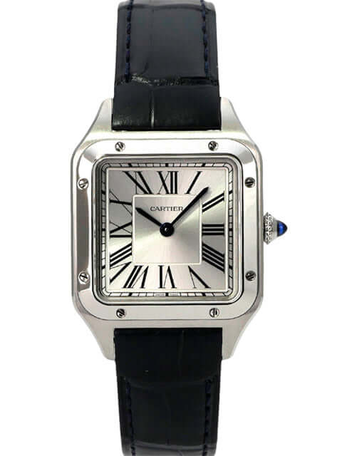 Cartier Santos-Dumont kleines Modell WSSA0086 mit Edelstahlgehäuse und blauem Alligatorleders strap.