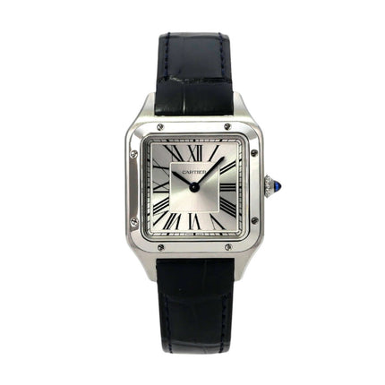 Cartier Santos-Dumont kleines Modell WSSA0086 mit poliertem Edelstahlgehäuse und blauem Alligatorlederarmband.
