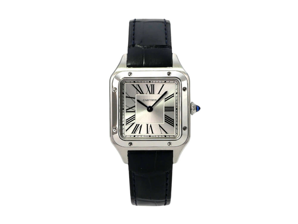 Cartier Santos-Dumont kleines Modell WSSA0086 mit poliertem Edelstahlgehäuse und blauem Alligatorlederarmband.
