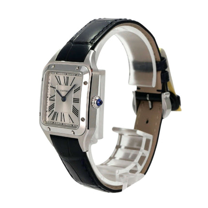 Cartier Santos-Dumont kleines Modell WSSA0086, Edelstahlgehäuse, blaues Alligatorleder, römische Ziffern, Quarzwerk.
