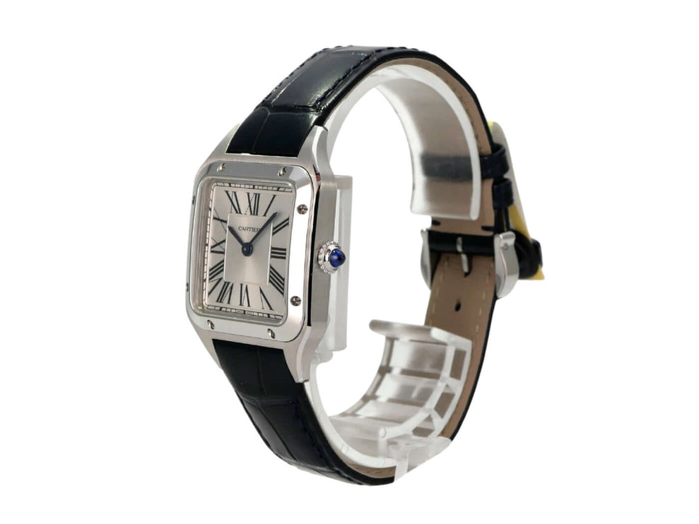 Cartier Santos-Dumont kleines Modell WSSA0086, Edelstahlgehäuse, blaues Alligatorleder, römische Ziffern, Quarzwerk.