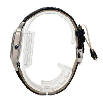 Seitenansicht des Cartier Santos-Dumont kleines Modell WSSA0086 mit schwarzem Alligatorlederarmband.