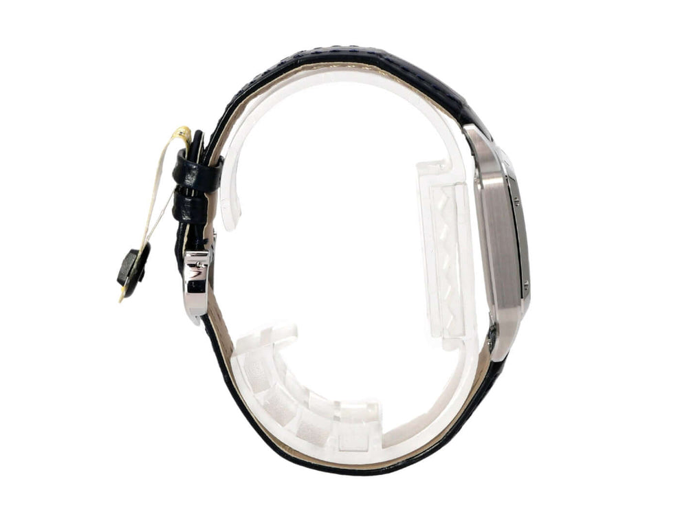 Seitenansicht der Cartier Santos-Dumont kleines Modell WSSA0086 mit blauem Alligatorlederarmband und poliertem Edelstahlgehäuse.