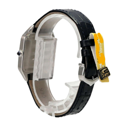Cartier Santos-Dumont kleines Modell WSSA0086, seitliche Ansicht mit blauem Alligatorlederarmband und Edelstahlgehäuse.