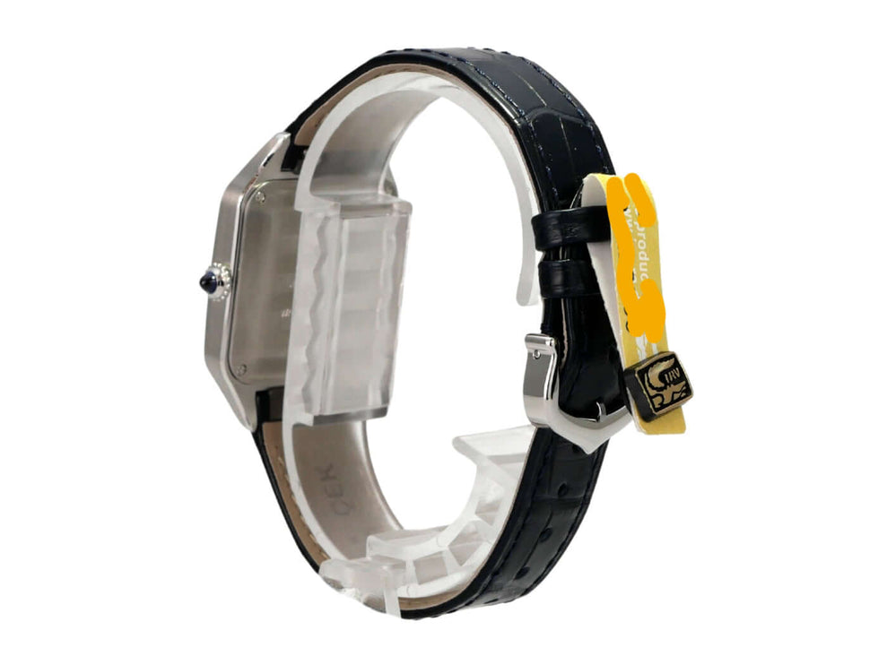 Cartier Santos-Dumont kleines Modell WSSA0086, seitliche Ansicht mit blauem Alligatorlederarmband und Edelstahlgehäuse.