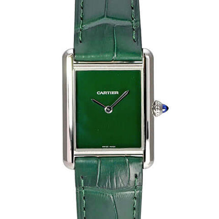 Cartier Tank Must großes Modell WSTA0115 mit grünem Zifferblatt, Edelstahlgehäuse und grünem Lederarmband
