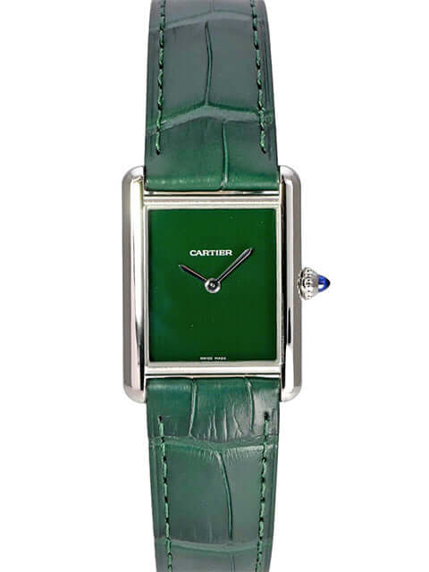 Cartier Tank Must großes Modell WSTA0115 mit grünem Zifferblatt, Edelstahlgehäuse und grünem Lederarmband
