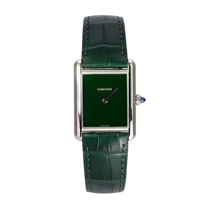 Cartier Tank Must großes Modell WSTA0115, grüne Uhr mit Edelstahlgehäuse und Lederarmband