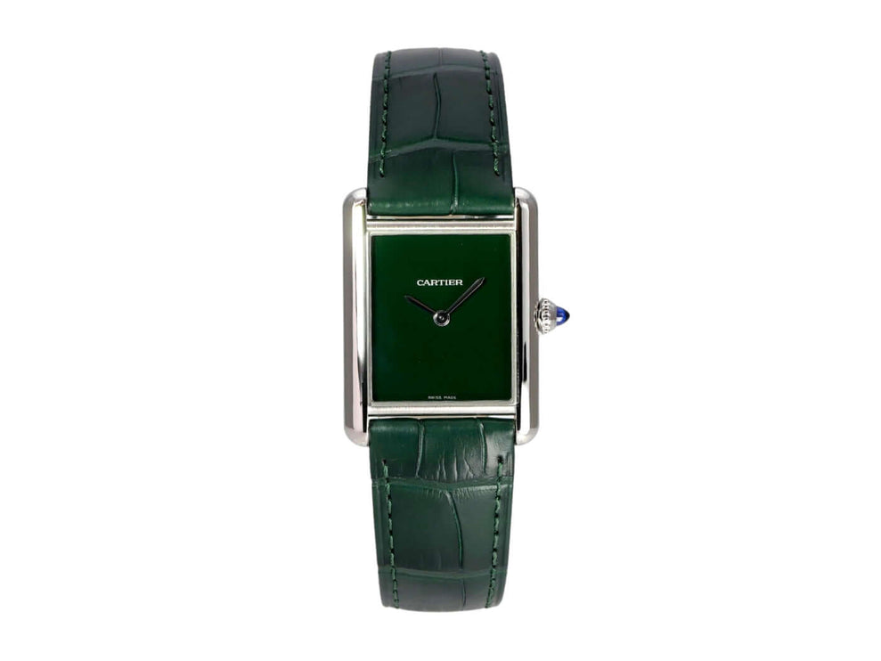 Cartier Tank Must großes Modell WSTA0115, grüne Uhr mit Edelstahlgehäuse und Lederarmband