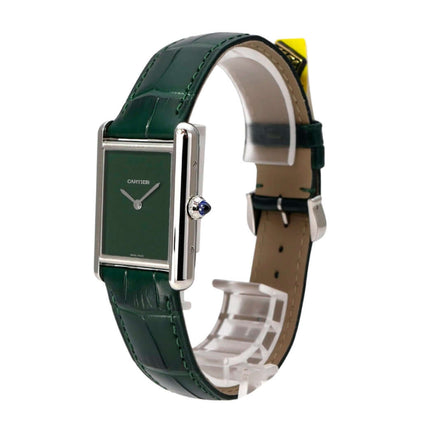 Cartier Tank Must großes Modell WSTA0115, grüne Damenuhr aus Edelstahl mit grünem Zifferblatt und Lederarmband