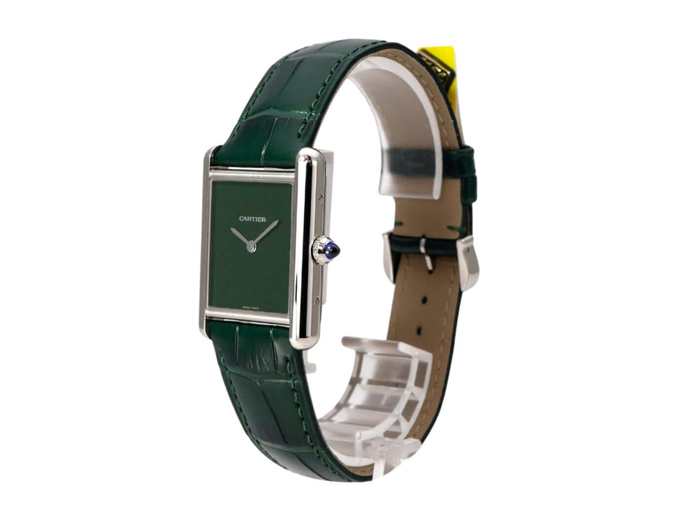 Cartier Tank Must großes Modell WSTA0115, grüne Damenuhr aus Edelstahl mit grünem Zifferblatt und Lederarmband