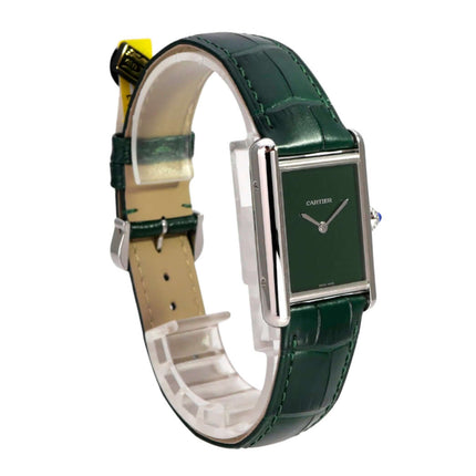 Cartier Tank Must großes Modell WSTA0115 Uhr mit grünem Zifferblatt, Edelstahlgehäuse und grünem Lederarmband
