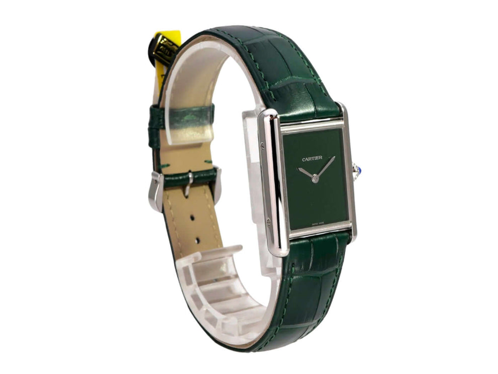 Cartier Tank Must großes Modell WSTA0115 Uhr mit grünem Zifferblatt, Edelstahlgehäuse und grünem Lederarmband