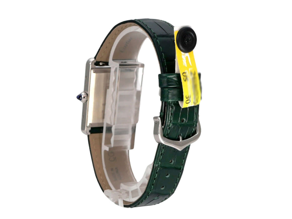 Cartier Tank Must großes Modell WSTA0115 mit grünem Lederarmband und Edelstahlgehäuse