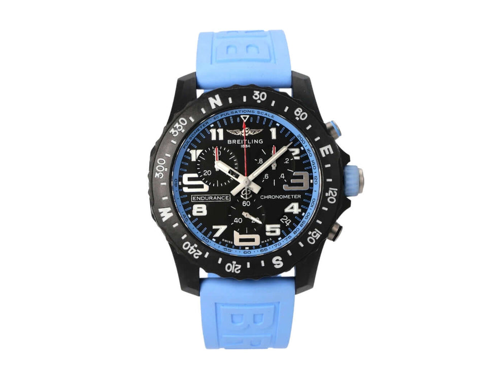 Breitling Endurance Pro X82310281B1S1 schwarze Uhr mit blauem Kautschukband und Chronographen-Funktion.