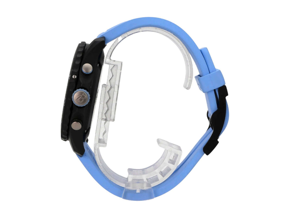 Breitling Endurance Pro X82310281B1S1 seitliche Ansicht mit blauem Kautschukband und schwarzem Gehäuse.