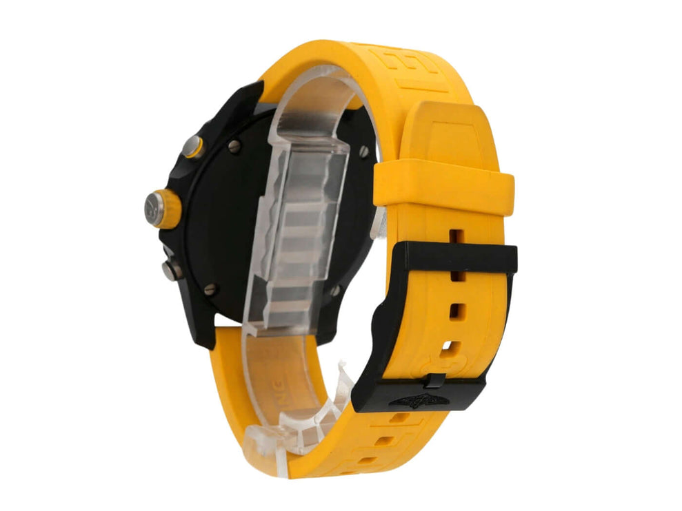 Breitling Endurance Pro X82310A41B1S1 mit gelbem Kautschukband und schwarzem Gehäuse, seitliche Ansicht.