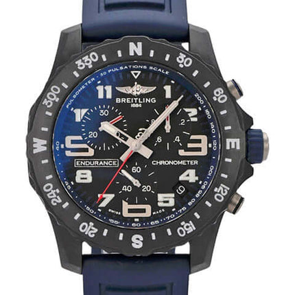 Breitling Endurance Pro X82310D51B1S1 mit schwarzem Zifferblatt und blauem Kautschukband, wasserdicht, Chronograph und Chronometer.
