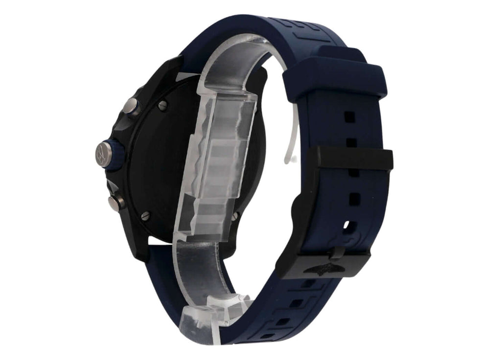 Breitling Endurance Pro X82310D51B1S1 seitliche Ansicht mit blauem Kautschukband und schwarzem Gehäuse.