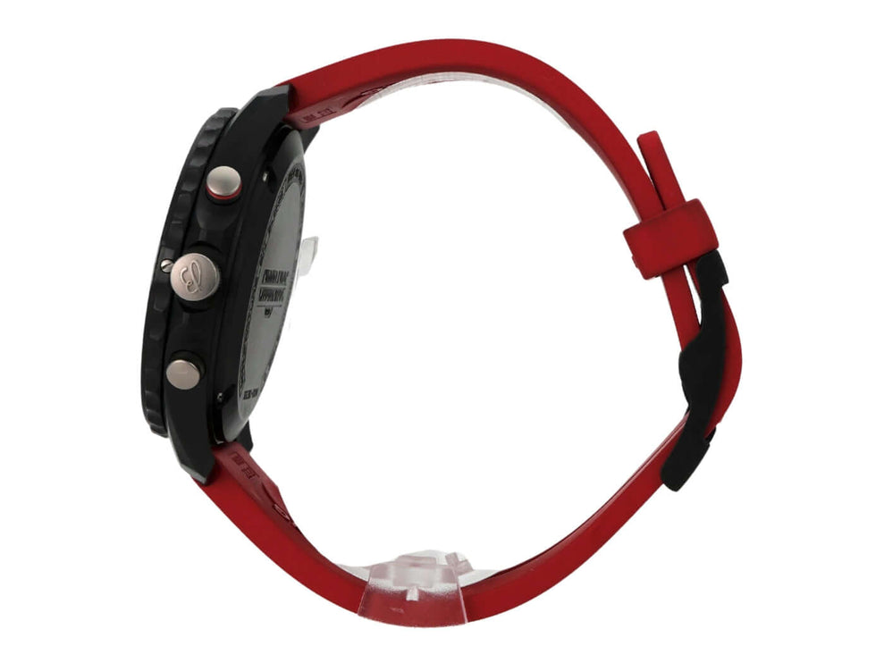 Breitling Endurance Pro X82310D91B1S1 seitliche Ansicht mit rotem Kautschukband und schwarzem Gehäuse.