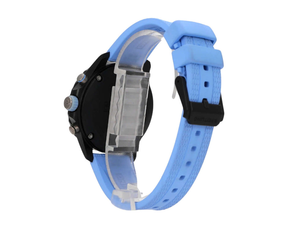 Breitling Endurance Pro 38 X83310281B1S1 Rückansicht mit blauem Kautschukband und schwarzem Gehäuse