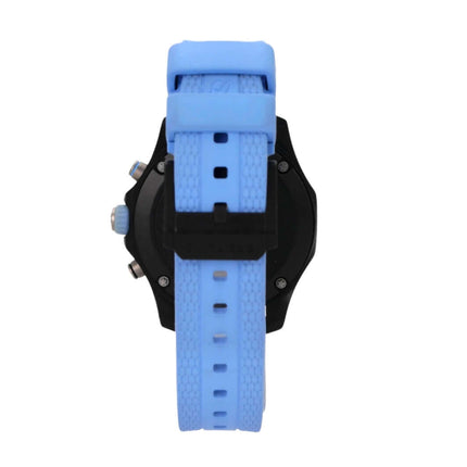 Breitling Endurance Pro 38 X83310281B1S1 Uhrenansicht von hinten mit blauem Kautschukband und schwarzem Gehäuse.