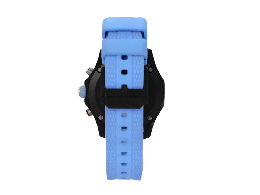 Breitling Endurance Pro 38 X83310281B1S1 Uhrenansicht von hinten mit blauem Kautschukband und schwarzem Gehäuse.