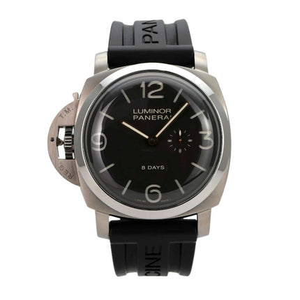 Panerai Luminor 1950 Left-Handed 8 Days Titanio PAM00368 mit schwarzem Kautschukband und braunem Zifferblatt.