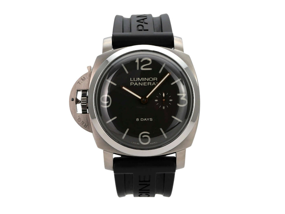 Panerai Luminor 1950 Left-Handed 8 Days Titanio PAM00368 mit schwarzem Kautschukband und braunem Zifferblatt.
