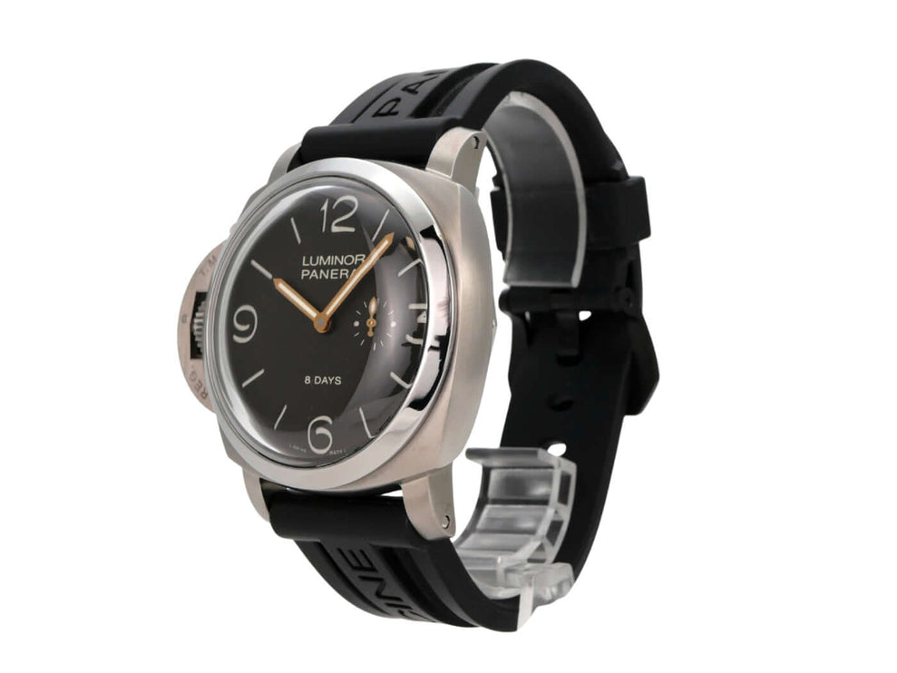 Panerai Luminor 1950 Left-Handed 8 Days Titanio PAM00368 mit schwarzem Kautschukband und silbernem Gehäuse.