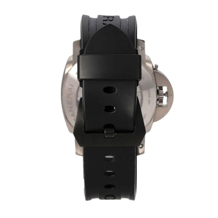 Panerai Luminor 1950 Left-Handed 8 Days Titanio PAM00368 Rückansicht des Uhrenarmbands und Gehäuses