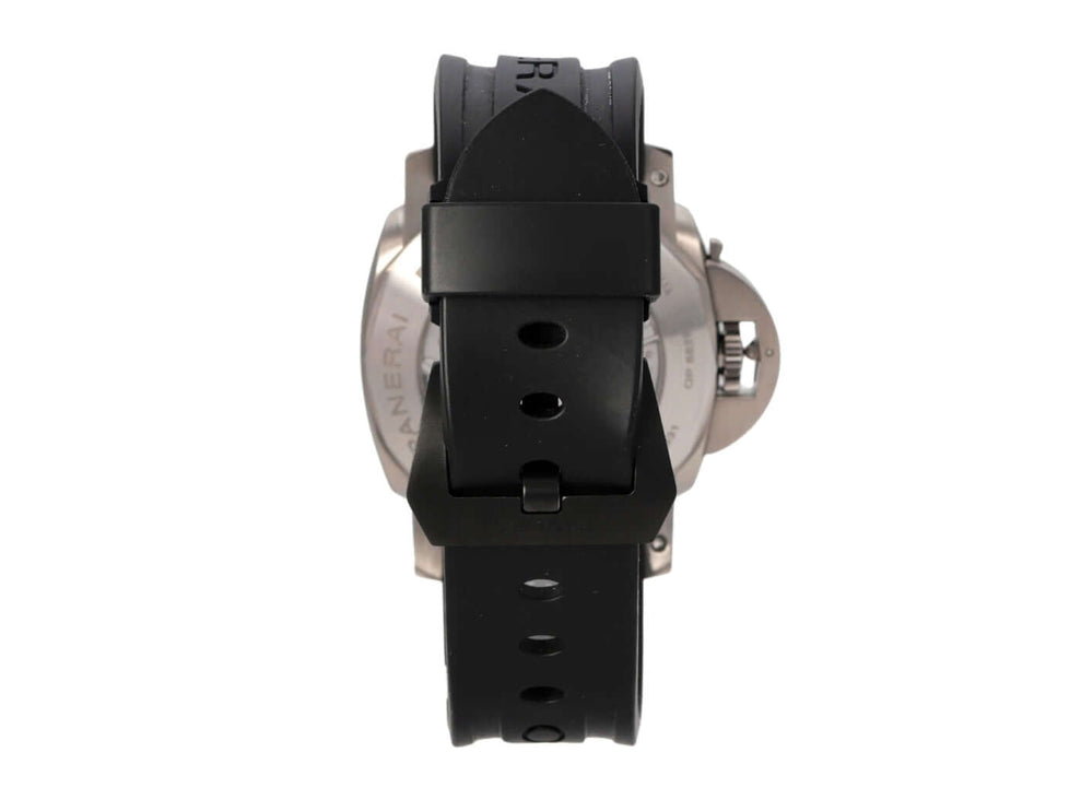 Panerai Luminor 1950 Left-Handed 8 Days Titanio PAM00368 Rückansicht des Uhrenarmbands und Gehäuses