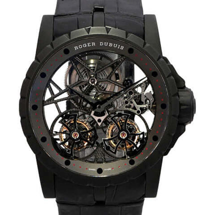 Roger Dubius Excalibur Skeleton Double Flying Tourbillon RDDBEX0364: schwarze Titan-Uhr mit skelettiertem Zifferblatt