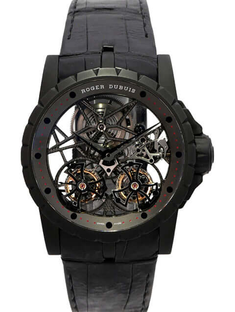 Roger Dubius Excalibur Skeleton Double Flying Tourbillon RDDBEX0364: schwarze Titan-Uhr mit skelettiertem Zifferblatt