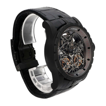Roger Dubius Excalibur Skeleton Double Flying Tourbillon RDDBEX0364, schwarze Titanuhr mit Skelettzifferblatt
