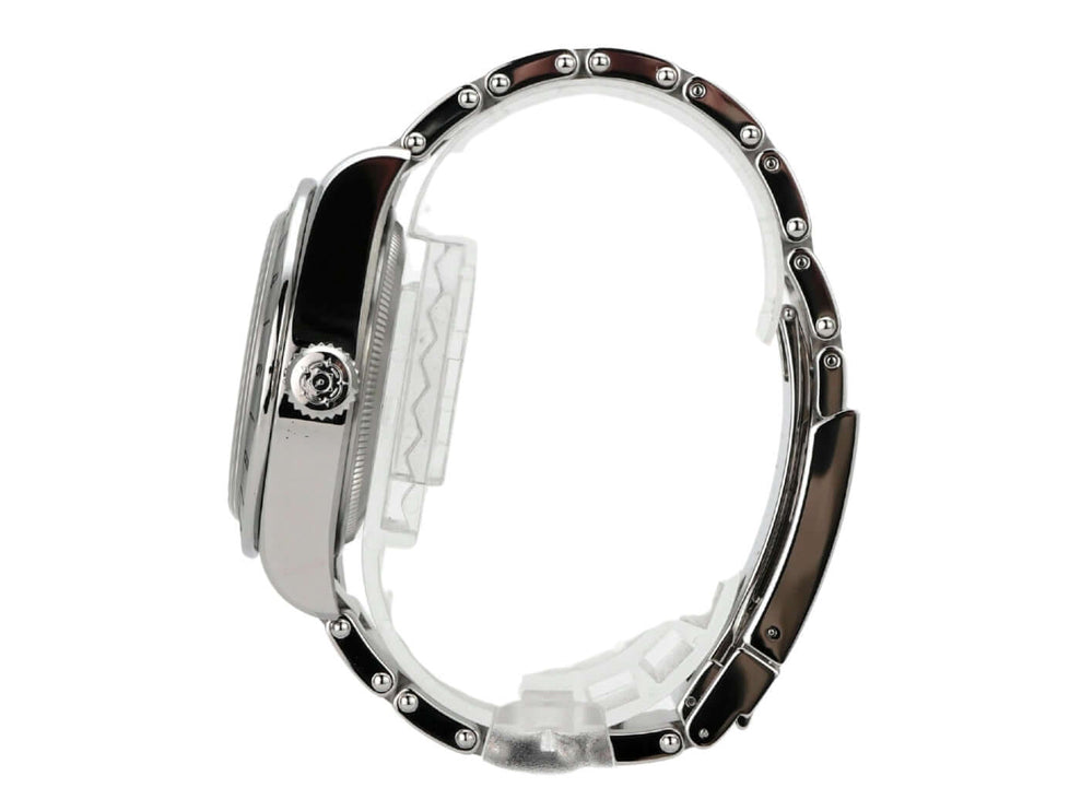 Tudor Heritage Black Bay Pro M79470-0004 Edelstahlgehäuse und Band, Seiteansicht der Uhr mit 39 mm Durchmesser.