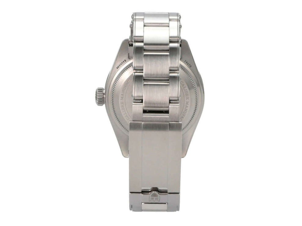 Rückansicht der Tudor Heritage Black Bay Pro M79470-0004 mit Edelstahlband und verschraubtem Gehäuse.