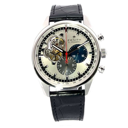 Zenith Chronomaster El Primero Open Edelstahl-Uhr mit schwarzem Lederband und silberfarbenem Zifferblatt