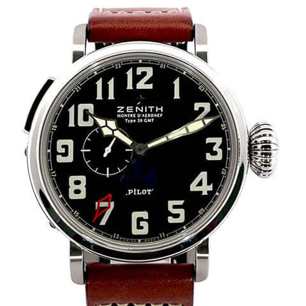 Zenith Pilot Aeronef Type 20 GMT Uhr 03.2430.693-21.C723, Edelstahl Gehäuse, braunes Lederband, schwarzes Zifferblatt, polierte Lünette